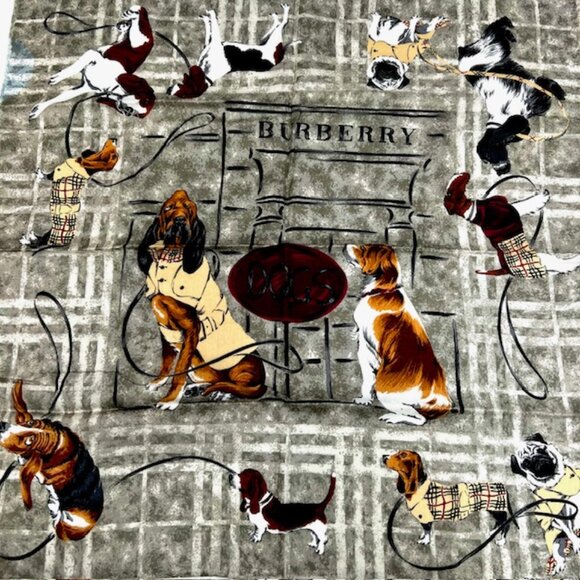 New Burberry Miniscarf  23" Cotton/Silk Bray Black  Burgendy Dog Designs ( 61) - Picture 1 of 11